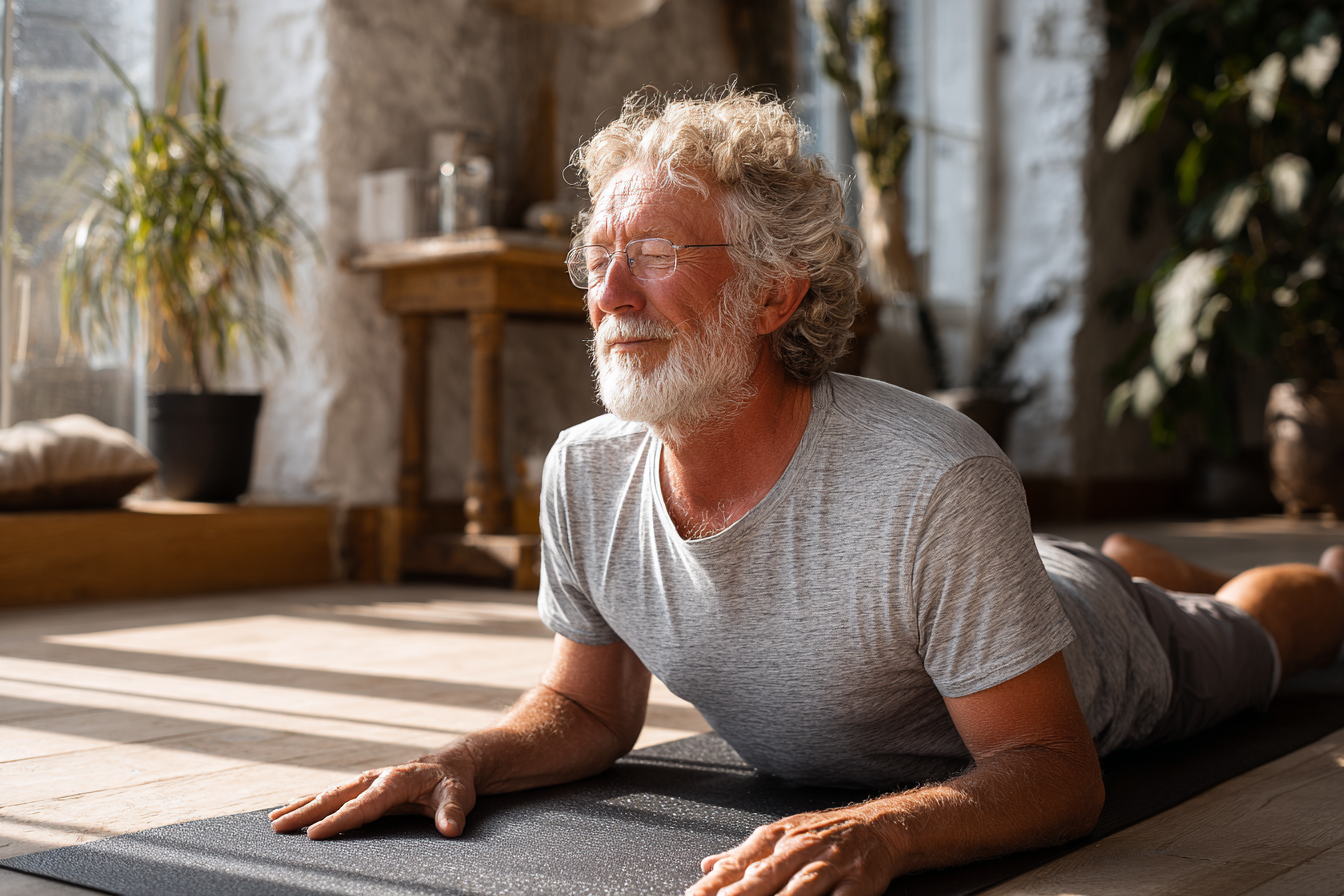 Група людей старшого віку виконує асани йоги у світлій студії